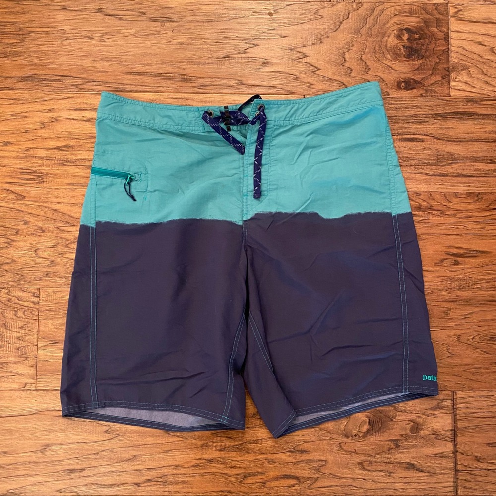 Patagonia Board Shorts Mens 36 Blue Teal Colorblock Nylon Swim Trunks 9 Inseam